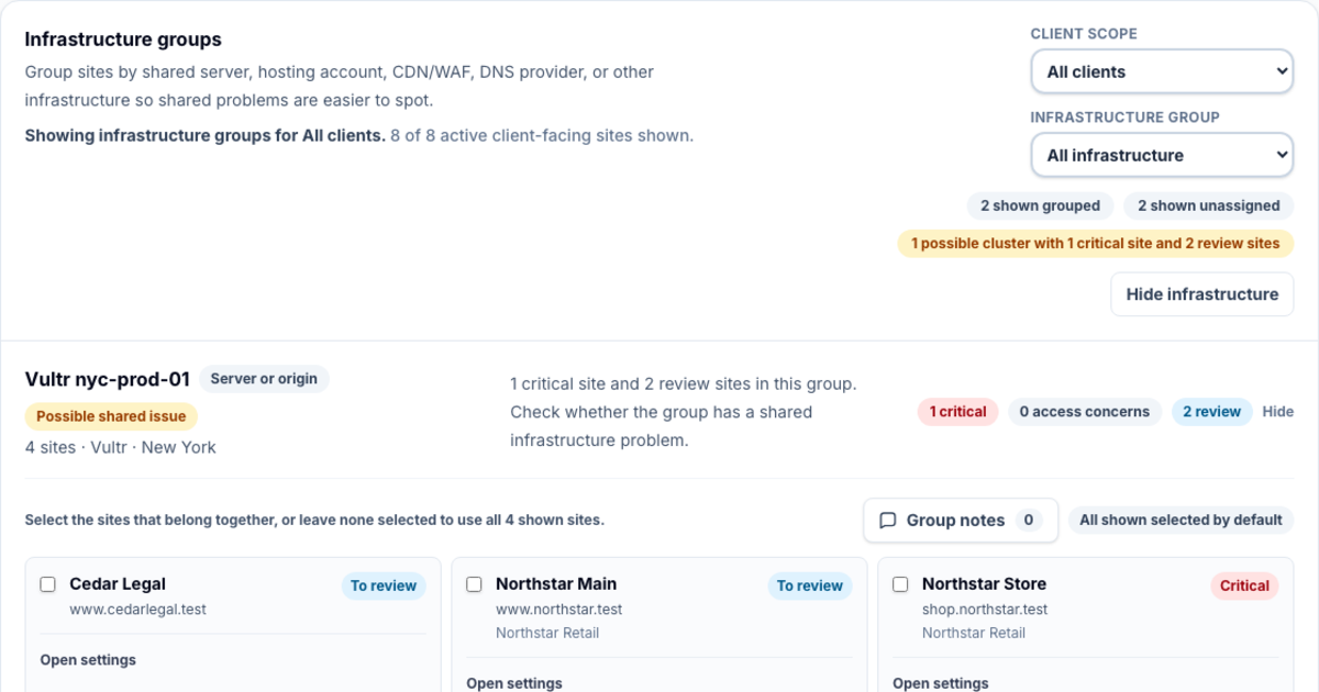 MetricPoints agency website monitoring portfolio grouped by shared infrastructure