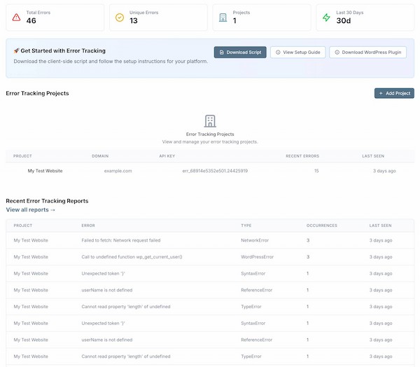 MetricPoints error tracking dashboard showing JavaScript errors, error rates, and real-time alerts
