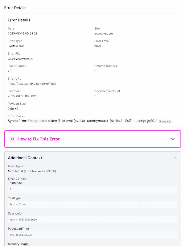 Error details page showing stack traces, user context, and browser information